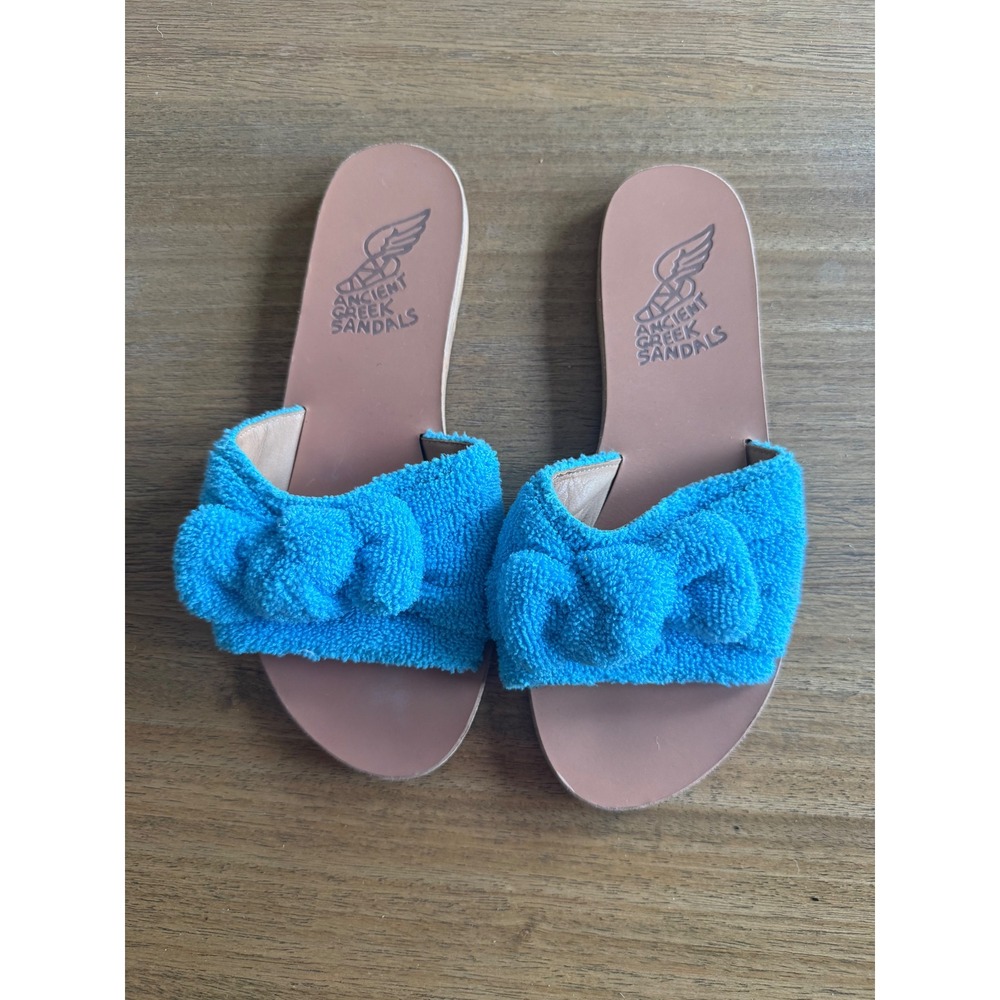 Ancient Greek Sandals Women's Blue Terry Cloth Bow Slides Sandals Size 39 - Picture 2 of 4
